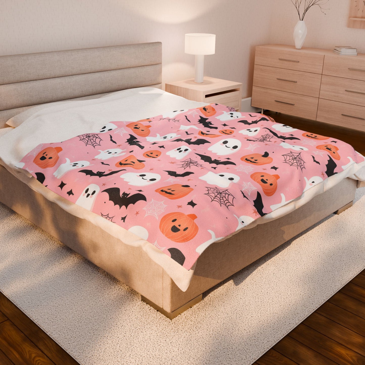 Cozy Halloween Velveteen Plush Blanket, Spooky Ghosts and Pumpkins Throw Blanket, Fall Decor, Halloween Gift, Soft Blanket for Kids