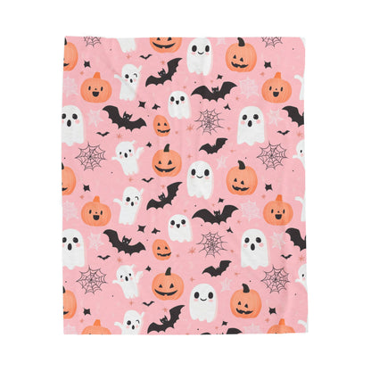 Cozy Halloween Velveteen Plush Blanket, Spooky Ghosts and Pumpkins Throw Blanket, Fall Decor, Halloween Gift, Soft Blanket for Kids