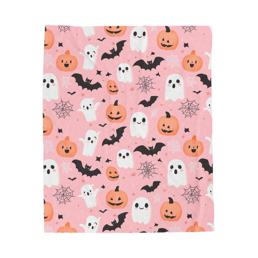 Cozy Halloween Velveteen Plush Blanket, Spooky Ghosts and Pumpkins Throw Blanket, Fall Decor, Halloween Gift, Soft Blanket for Kids