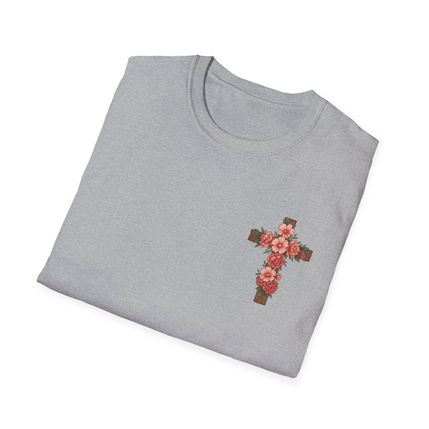 Floral Cross T-Shirt - Unisex Softstyle Tees for Faith, Easter, Casual Wear, Gift for Believers, Religious Apparel