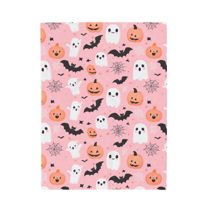 Cozy Halloween Velveteen Plush Blanket, Spooky Ghosts and Pumpkins Throw Blanket, Fall Decor, Halloween Gift, Soft Blanket for Kids